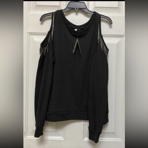 NY Collection Black Cold Shoulder Sweatshirt with Chain Accents